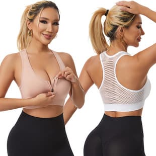 Plus Size Wire-Free Mesh Breathable Sports Bra, Shockproof Yoga Running Front Zipper Sports Bra for Women