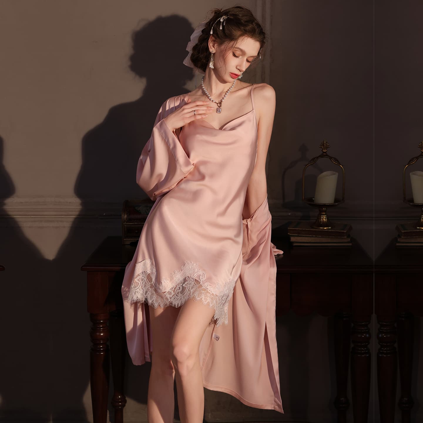 Women's New Ice Silk Pajamas, Spring and Summer Sexy Lace-Trimmed Swing Collar Nightgown Two-Piece Set, Spring and Autumn Nightdress, Home Wear