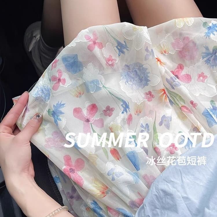 Colorful ice silk flower bud shorts for women summer thin 2026 new floral outer wear wide leg pants loose hakama ins