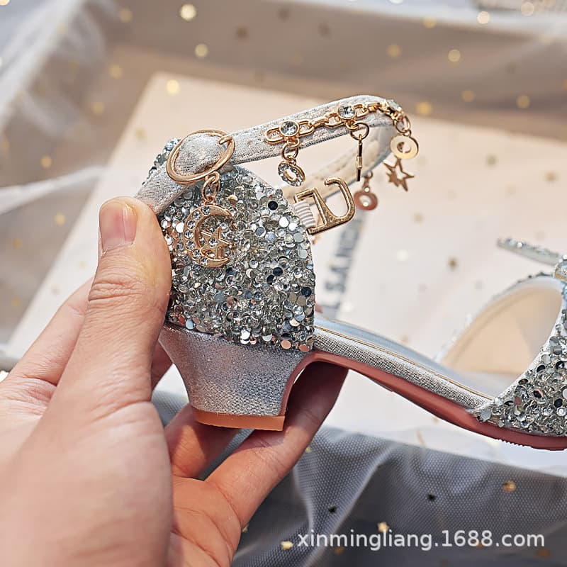 New Children's High Heel Crystal Princess Shoes for Middle and Older Kids, Elementary School Students, Performance Stage Host Sandals, Catwalk Girls' Shoes