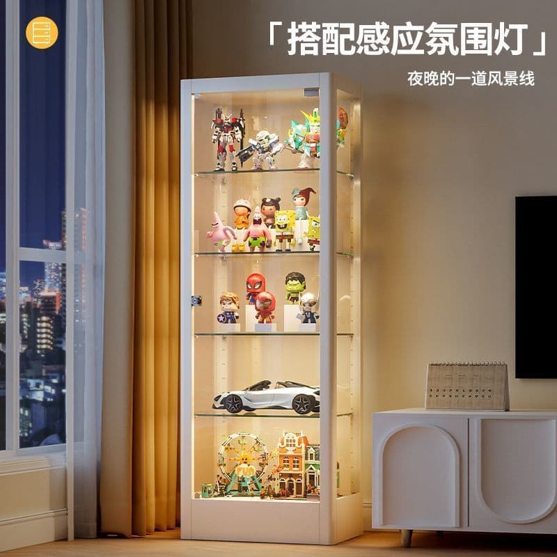Display case with lights, storage glass cabinet, dustproof and transparent, suitable for living room and home use, display cabinet for models and toys, cross-border e-commerce.