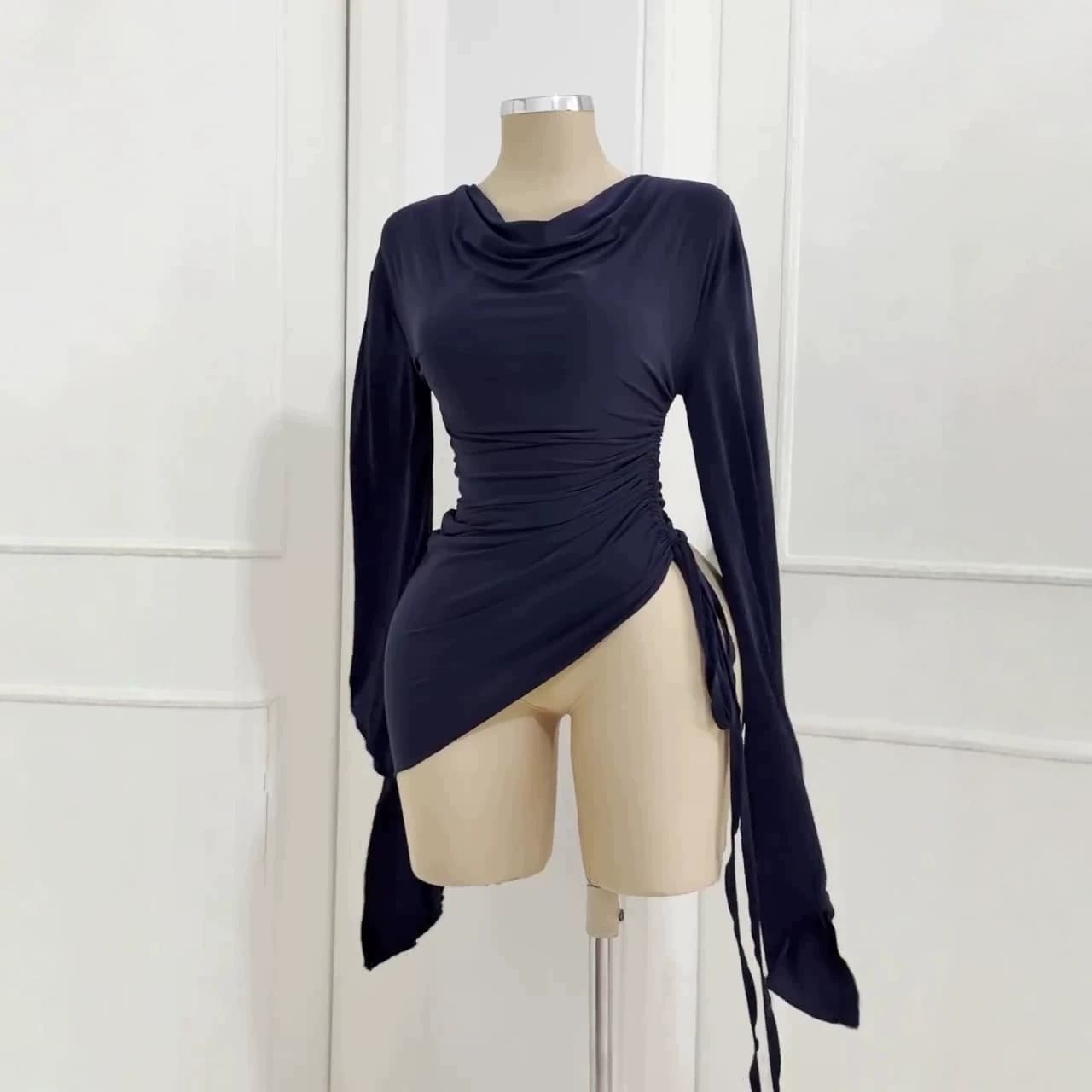 2026 European and American foreign trade swing collar long-sleeved pleated drawstring design irregular slim-fit long-sleeved bell-sleeved top for women