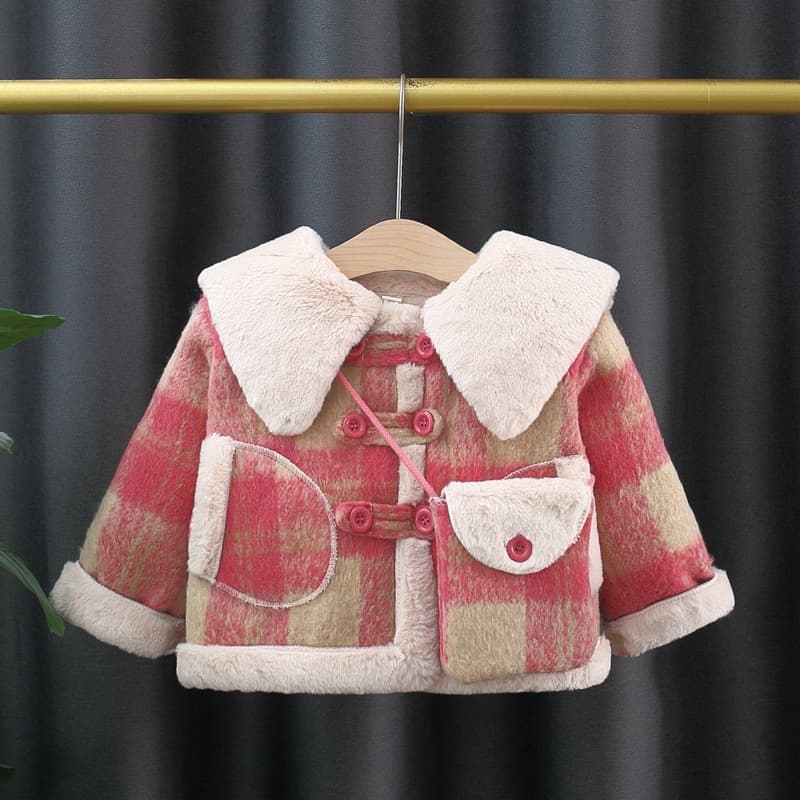 Girls' Outerwear for Autumn/Winter, New Wool Coat, Stylish Children's Winter Fleece-lined Pink Plaid Foreign Trade Trendy