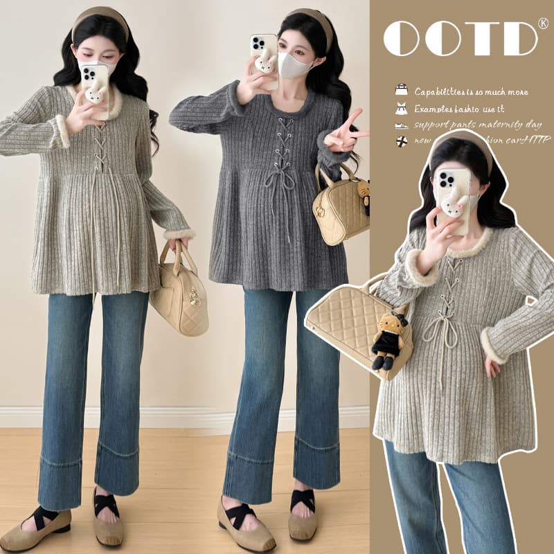 Maternity Wear Autumn/Winter New Brushed Knit Fur Collar Patchwork Doll Shirt Korean Version Loose Casual Slim Sweet Top