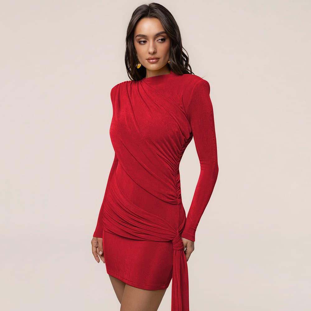 European and American Women's Pleated Slim-Fit Long-Sleeve Bodycon Mini Dress Sexy Elegant Luxury Style Party Dress