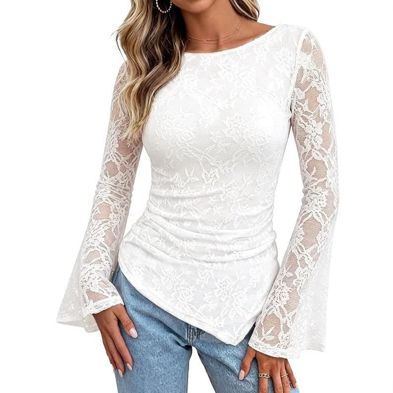Women's European and American cross-border fashion, elegant lace long-sleeved ribbon skirt, lace shirt