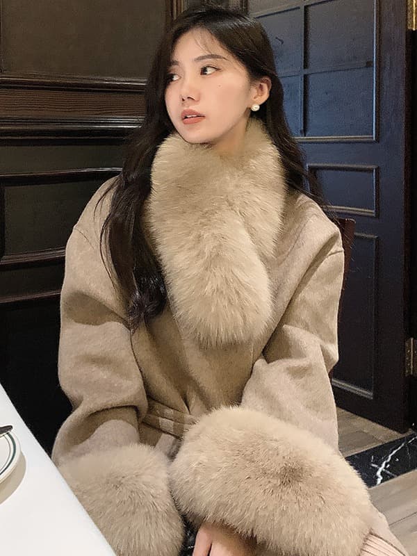 Snow Fox Coat New Style Fox Fur Collar Double-sided Cashmere Coat Women's Collar Long Style Woolen Coat