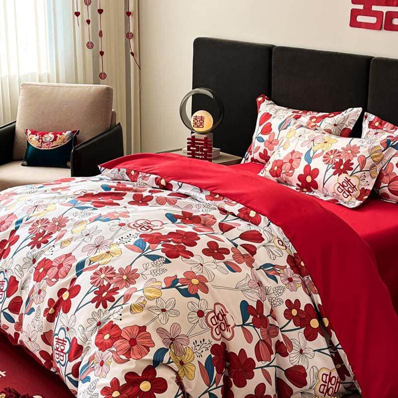 High-end gift box pure cotton long-staple cotton printed wedding four-piece set big red wedding room gift pure cotton bedding