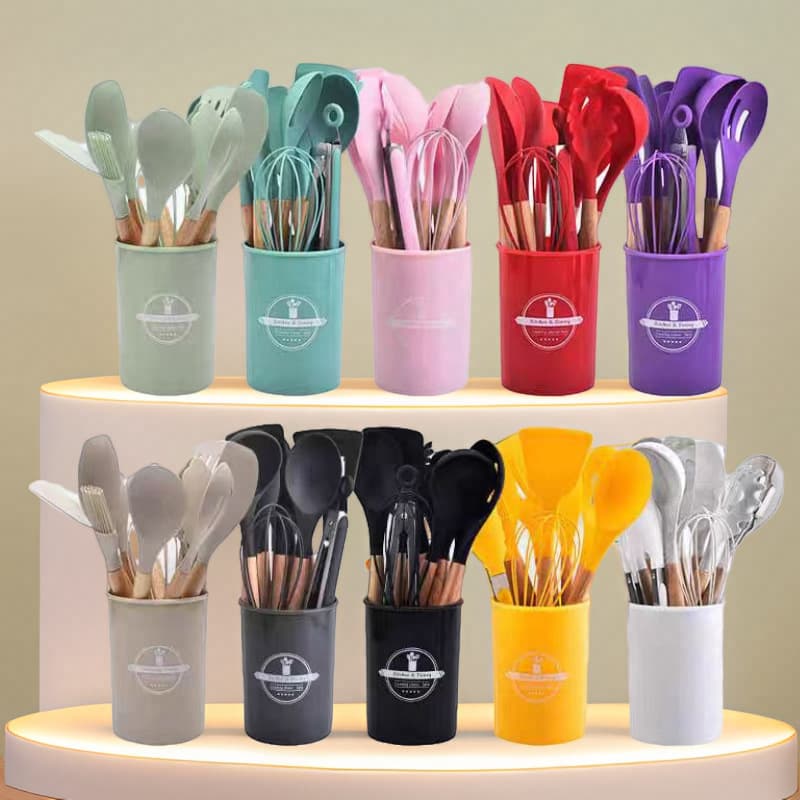 Wood Handle Silicone Kitchenware 12-Piece Set, Non-Stick Cooking Utensil Set with Storage Bucket, Silicone Kitchen Tools 12-Piece Set