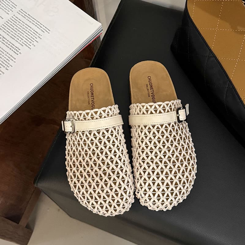 Mesh woven slippers for women's summer outer wear 2026 new retro slip-on mule shoes breathable toe-cap half slippers