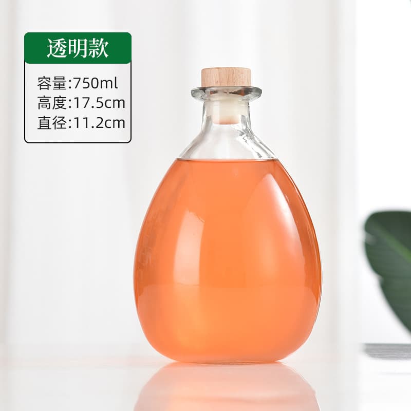 Transparent fruit wine bottle, frosted glass plum wine bottle, cork-sealed glass beverage bottle, homemade wine bottle, large-bellied bottle
