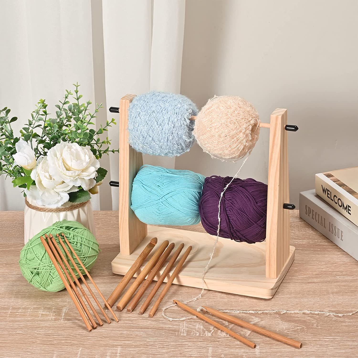Simple household wooden wool rotating shaft yarn stand home knitting auxiliary supplies solid wood crochet yarn ball rack