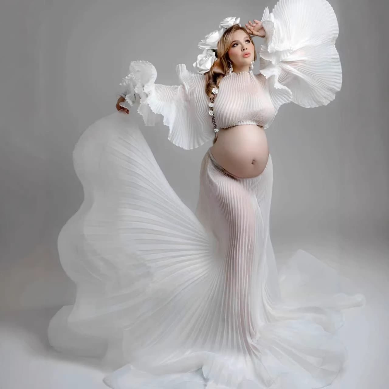 European and American cross-border pregnant women photoshoot clothing split skirt new photography dress big belly one-shoulder pleated skirt