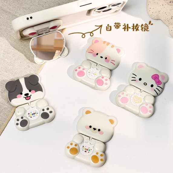 360-Degree Rotating Cat Stand with Mirror, Makeup Mirror Phone Case Stand, Adhesive, Portable, Cute
