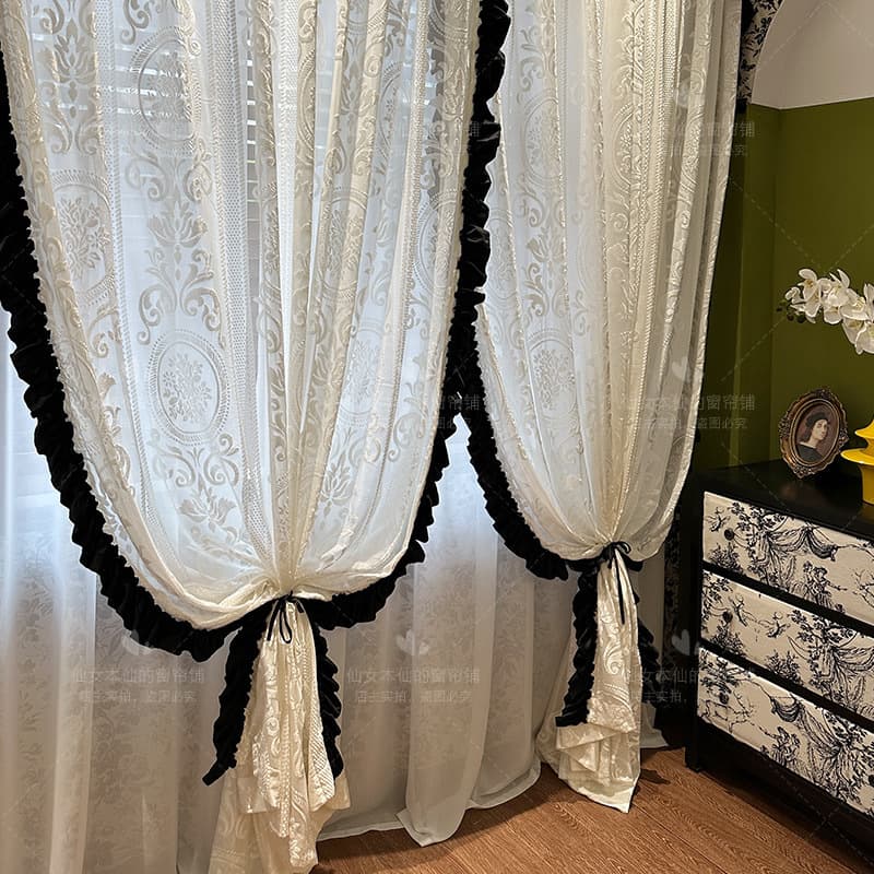 French Vintage Retro Style White Lace Thickened Embossed Voile Curtain Bedroom Romantic Ruffled Rose Voile Curtain
