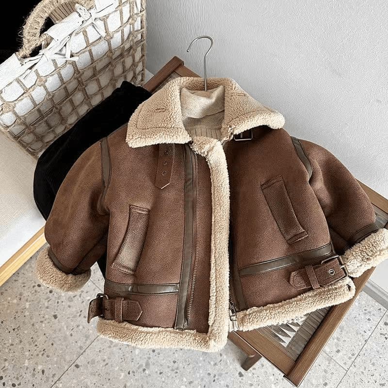 Children's Fleece Lined Suede Jacket Winter 2024 Unisex Warmth Motorcycle Style All in One Coat Thickened Long Sleeve Zipper