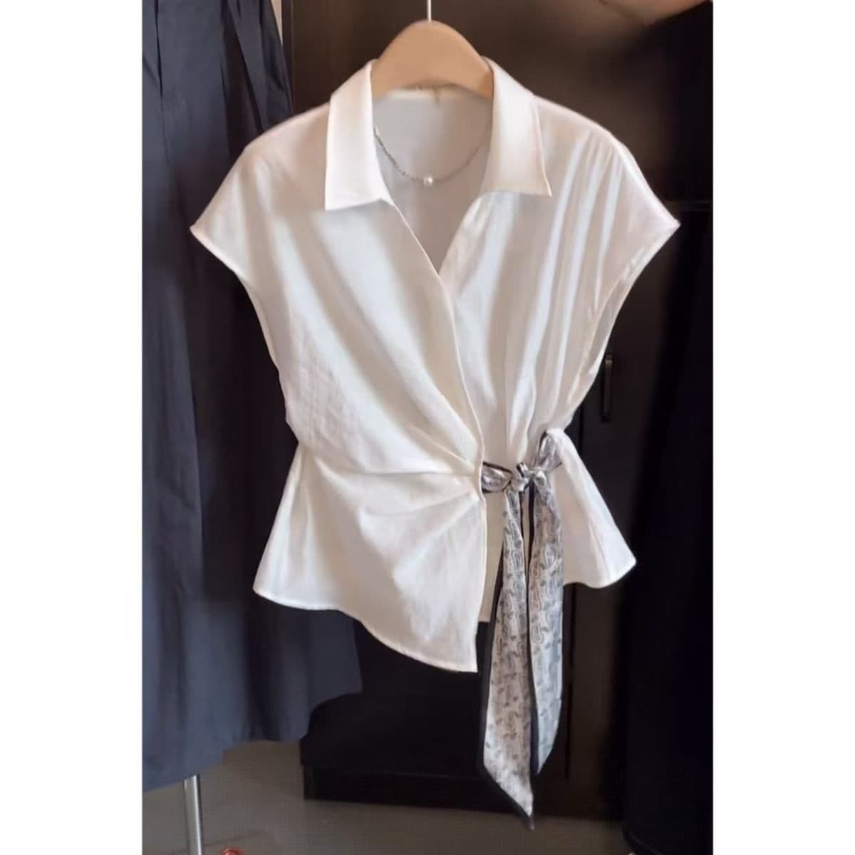 New 2026 Light Luxury Design French Minimalist Summer Commute Fashion Scarf Tie Pleated Blouse for Women