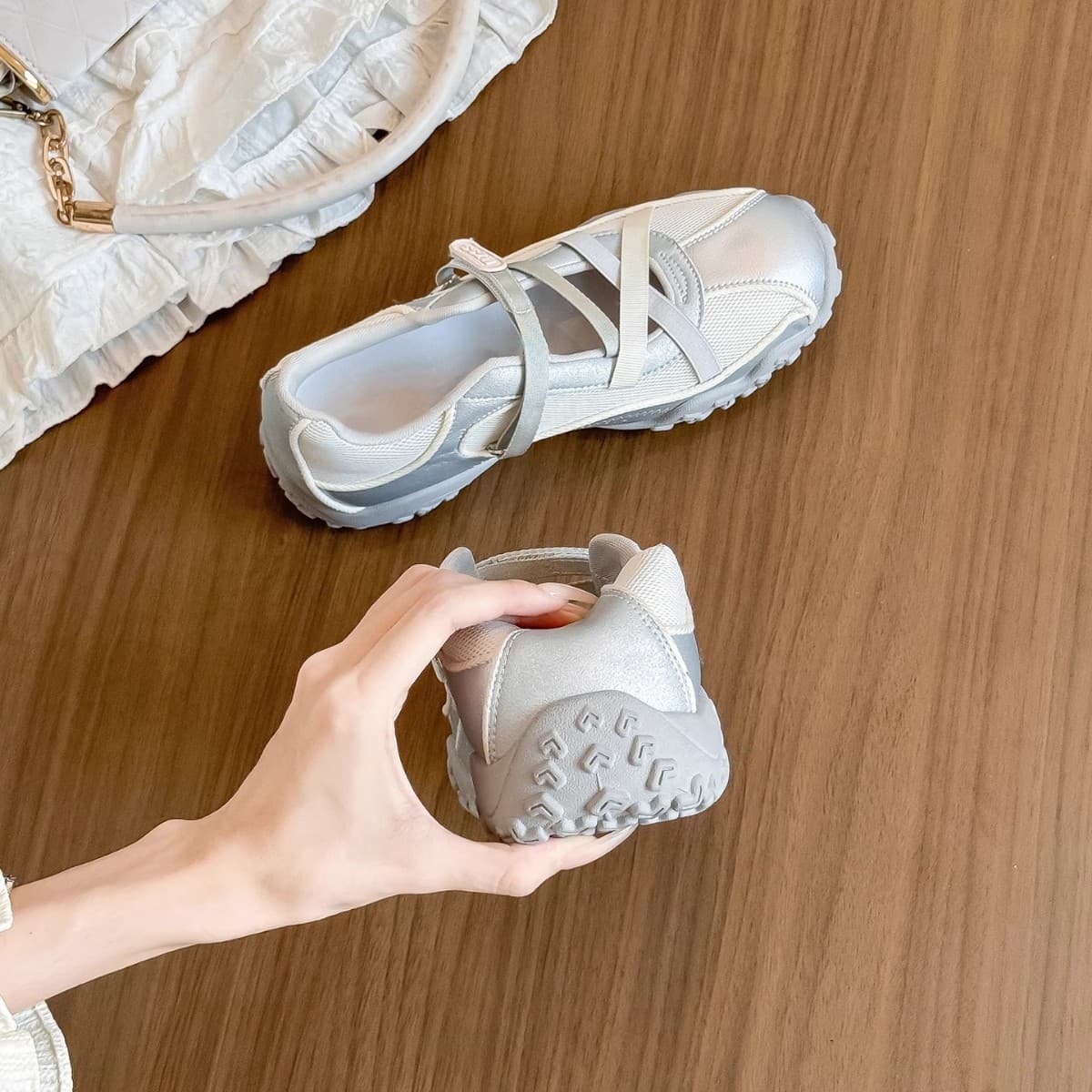 Cowhide Version! 7cm Height-Increasing Thick Sole Ballet Training Shoes for Women, Summer Breathable Mesh Mary Jane Casual Sneakers