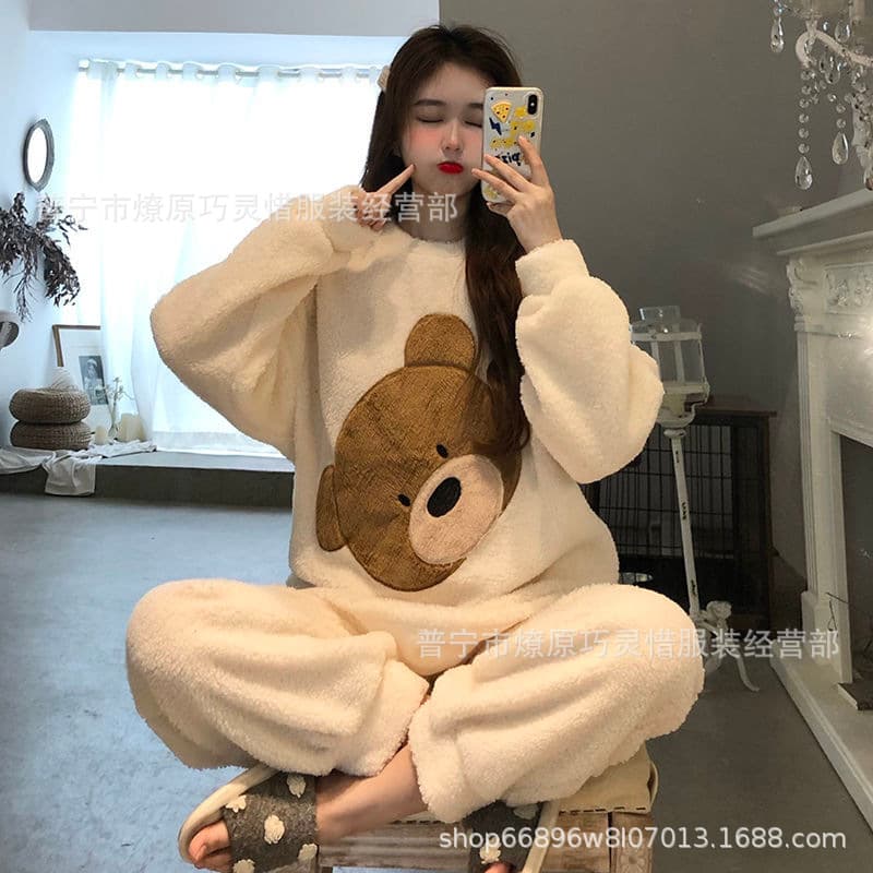 Coral Fleece Pajamas Women's Winter Cute Bear Fleece-Lined Thickened Warm Flannel 2024 New Home Clothes Suit