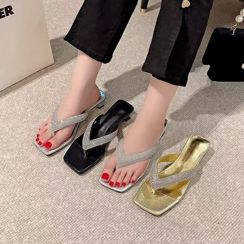 Kitten Heel Flip-Flops for Women, Summer Outdoor Wear, French Style, Stunning Rhinestone Thong Sandals, Women's 2025 New Model
