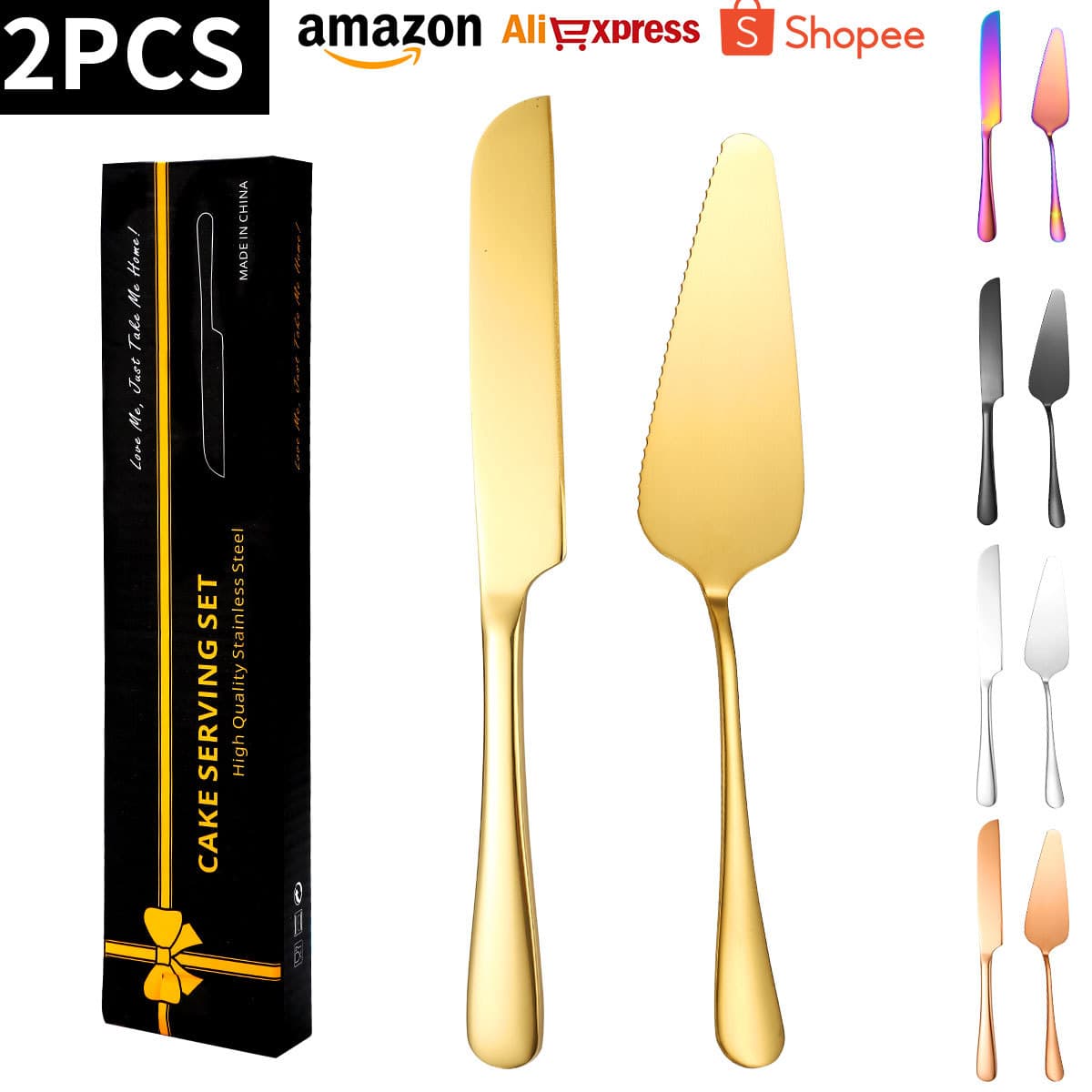 Amazon Supply Wedding Stainless Steel Cake Knife and Spatula Set, Gold Bread Knife, Triangle Pizza Spatula Baking Tools
