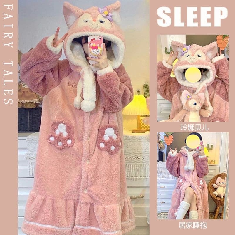 Lingna Beier Fleece-Lined Thickened Coral Fleece Pajamas Women's Autumn and Winter Flannel Hooded Nightgown Cute Cartoon Bathrobe