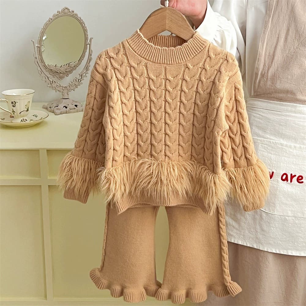2025 New Autumn and Winter Girls Sweater Suit Flared Pants Children's Clothing Korean Style Western Style Suit Knitted Sweater Cross-Border