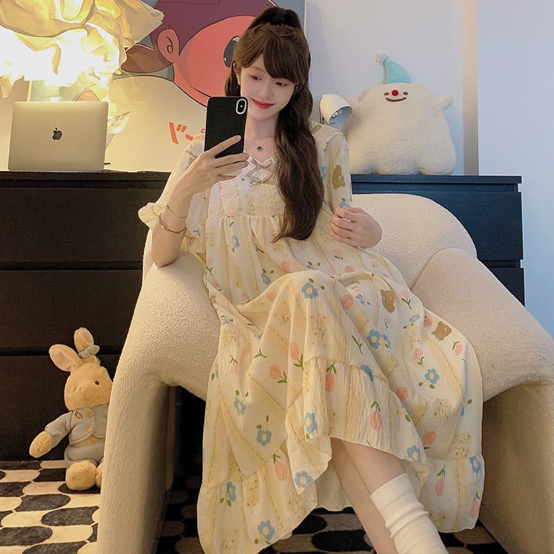 Women's Summer Pajamas, Cloud Cotton Nightgown, Cute Sweet Cartoon Short-Sleeve Midi Dress, Loungewear, Student Plus Size Loose Fit