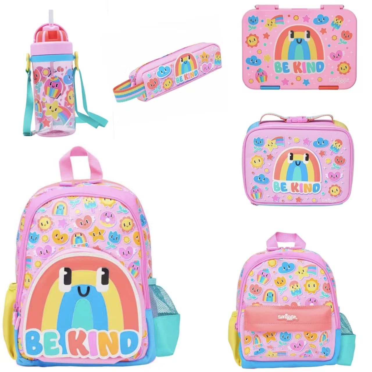 Australia Smiggle Backpack Kindergarten Baby Backpack Small Pencil Case Water Bottle Lunch Bag Pink Tart Set Series