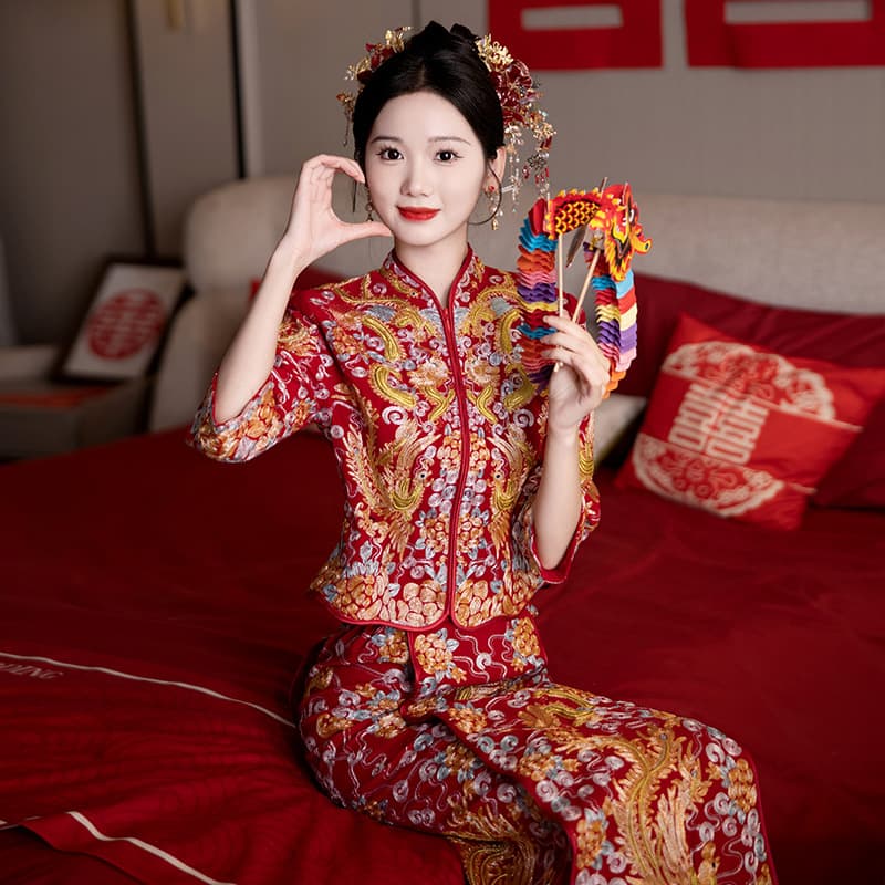Dragon and Phoenix Gown Toasting Dress for Brides, 2025 New Summer Wedding Chinese Wedding Dress, Petite and Slimming Wedding Dress, Xiuhe Dress