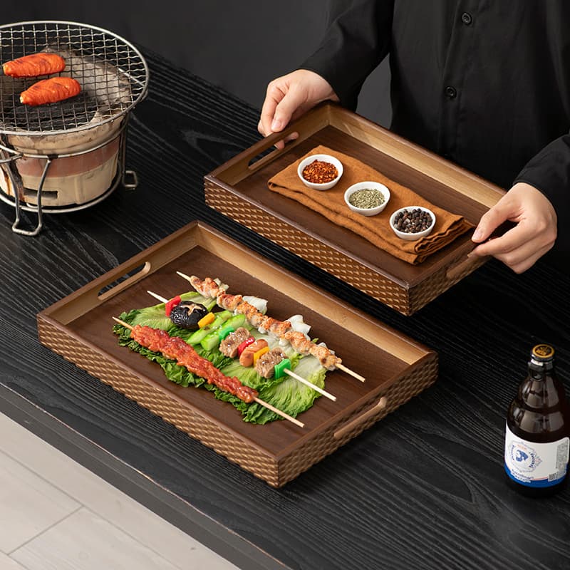 Commercial Woven Texture Long Tray for BBQ Restaurant, Hot Pot Shop Skewer Meat Tray, Dipping Sauce Appetizer Serving Tray