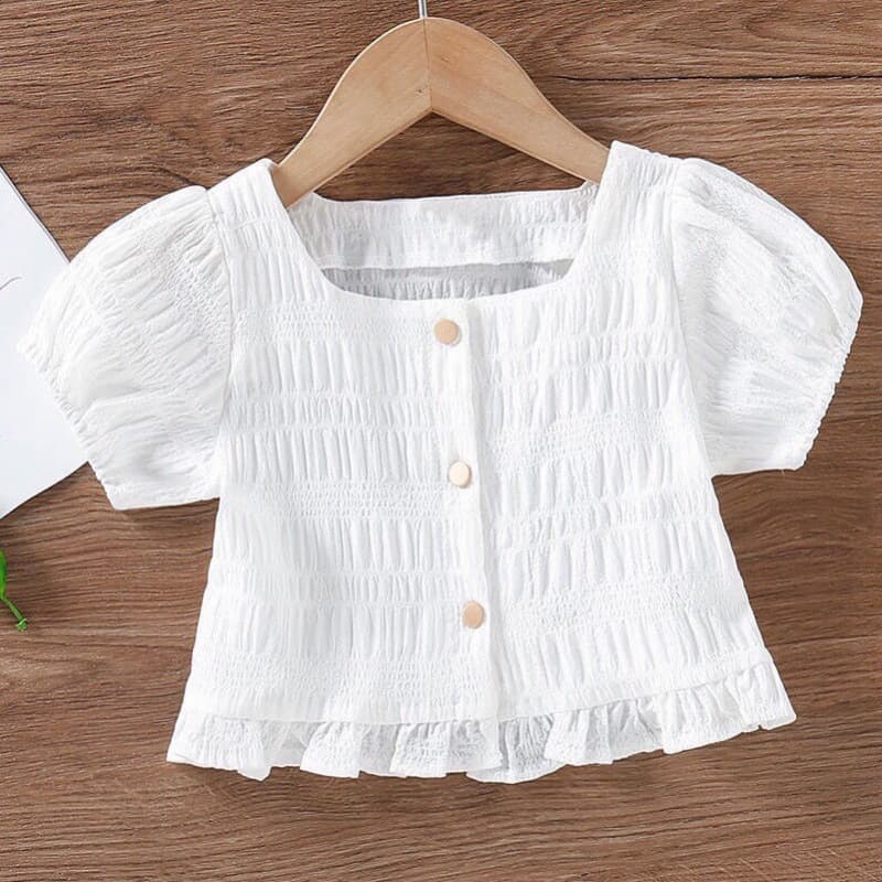 Girls' Short Sleeve Top 2025 Summer New Style Square Neck Puff Sleeve Top Thin Baby Korean Short Outerwear Shirt