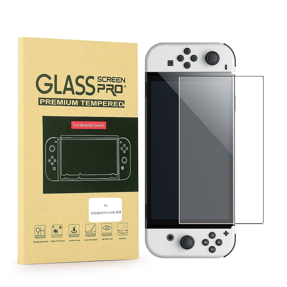 Tempered glass screen protector for Nintendo Switch OLED console, offering high-definition protection.