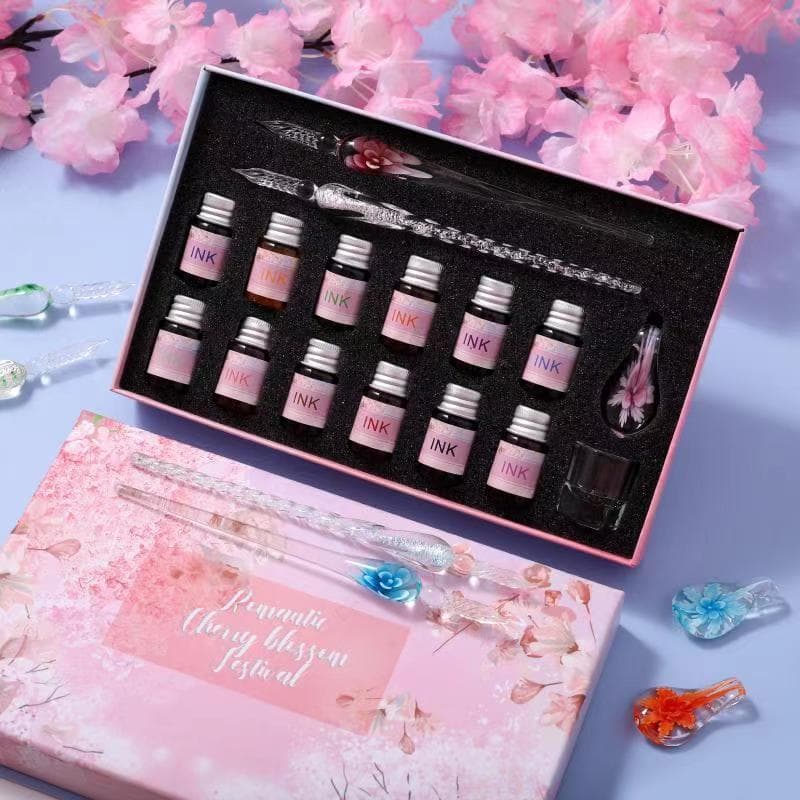 Glass Dip Pen with Cherry Blossom Color Ink, Sign Pen, Student Internet Celebrity Gift Stationery, Dip Pen Ink Gift Box Set