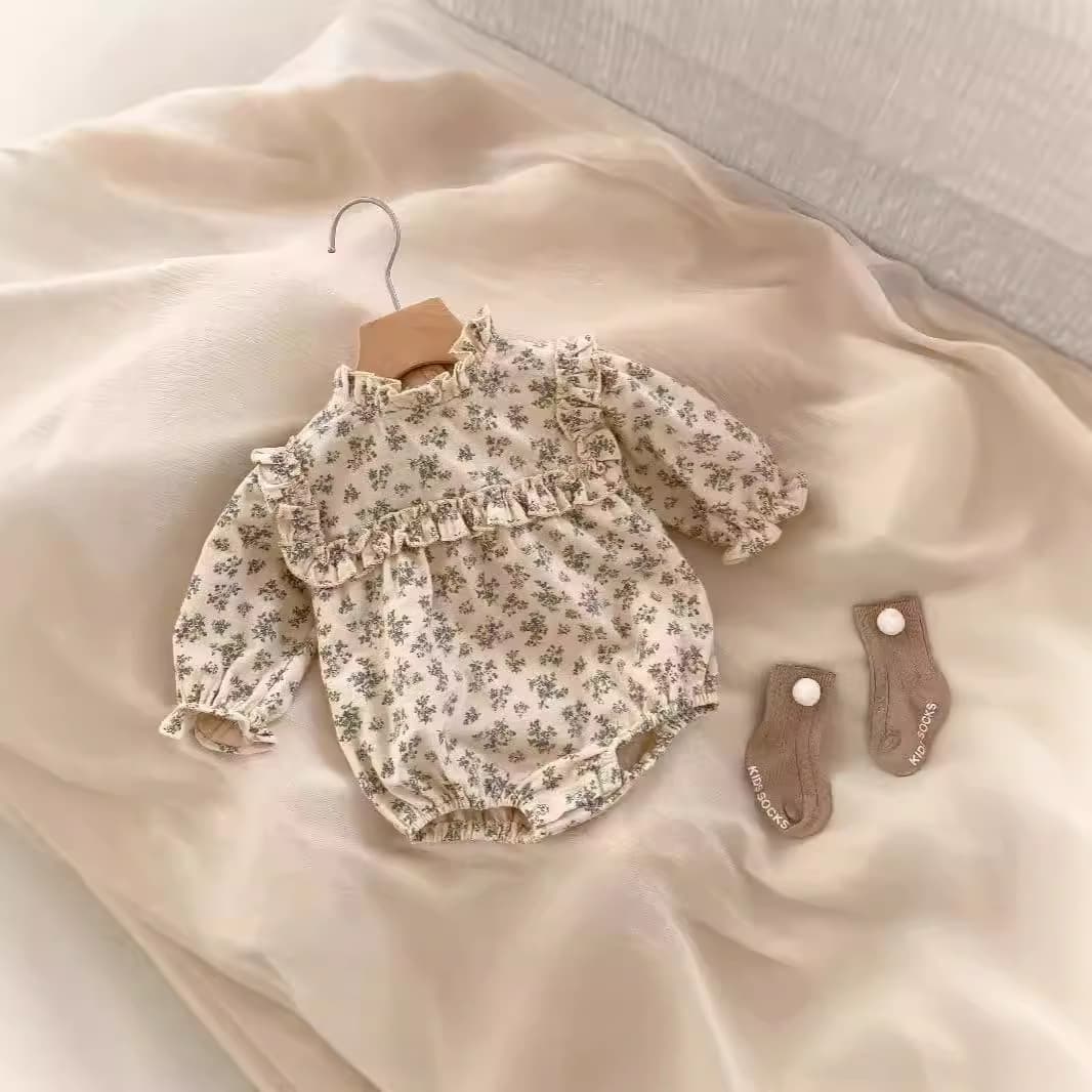 INS Autumn/Winter Baby Girl Floral Ruffled Collar Bodysuit Infant Toddler Romper Long Sleeve Triangle Crawling Suit