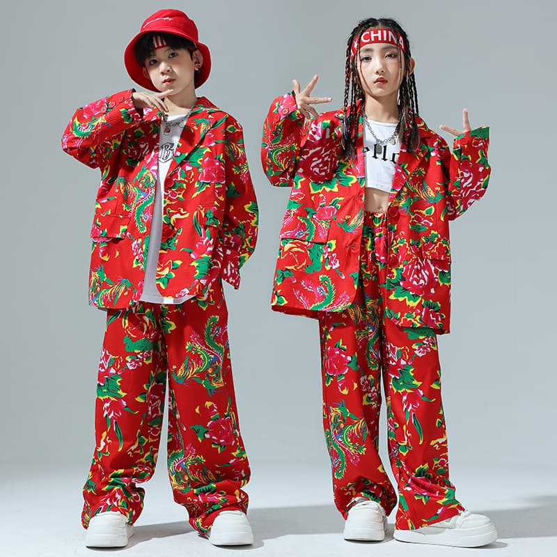 Children's Northeast large flower suit performance clothing boy's street dance suit girl's catwalk children's personalized Chinese style clothing