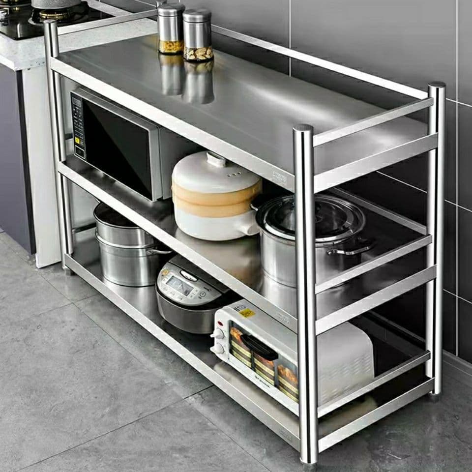 304 Stainless Steel Fence Shelf/Shelf, Extra Thick, Kitchen Storage for Microwave Ovens, Floor Standing, Multi-Layer, Nailable