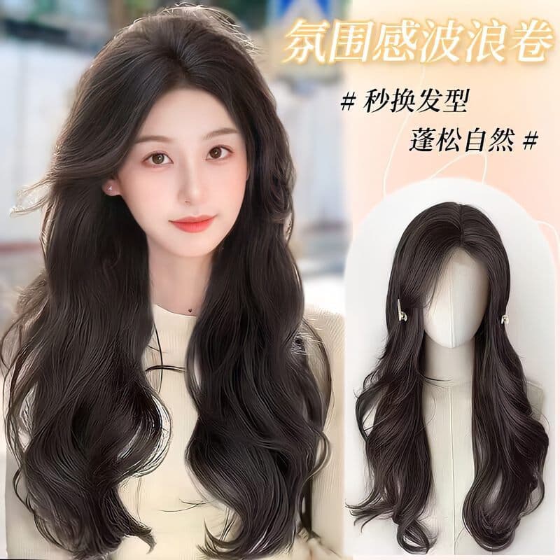 Long Hair Wig for Women Natural Full Wig with 8-Character Bangs Big Waves Natural Seamless Simulation Wig