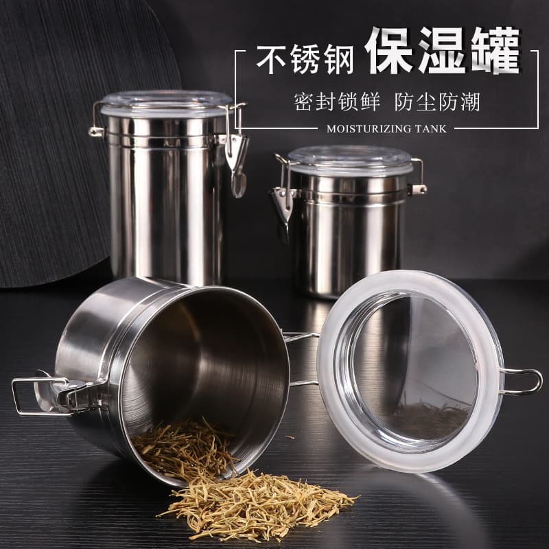 Cross-border humidifying jar, stainless steel metal humidifying jar, smoking accessory, large, medium and small size tobacco and tea storage airtight jar