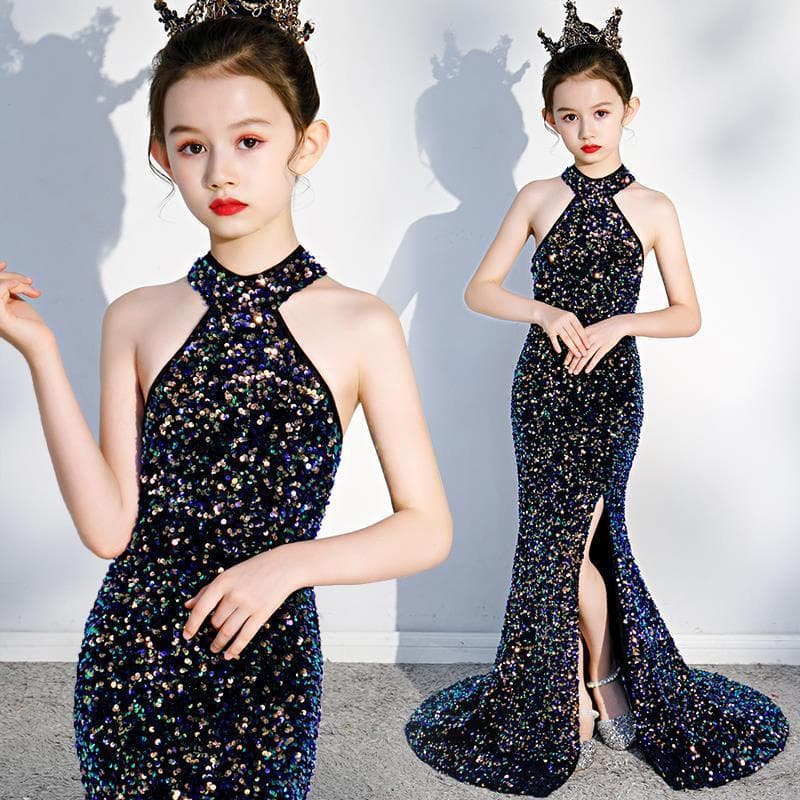 Children's Evening Gown Mermaid Princess Dress 2026 Summer Big Kids Sequined Stylish Girl Model Piano Performance Costume