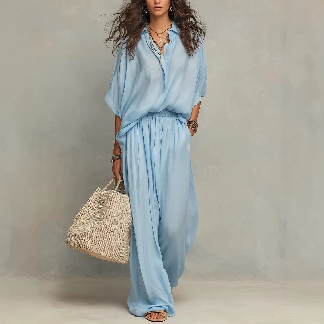 Amazon 2026 Women's Summer Casual Linen-Cotton Shirt and Wide-Leg Pants Set for US and EU Cross-Border Fashion