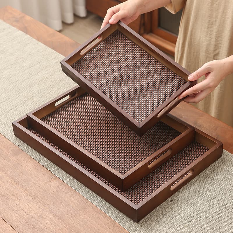 Thai-style Retro Rattan Rectangular Bamboo Tray with Handle for Tea Cups, Woven Bamboo Tea Tray