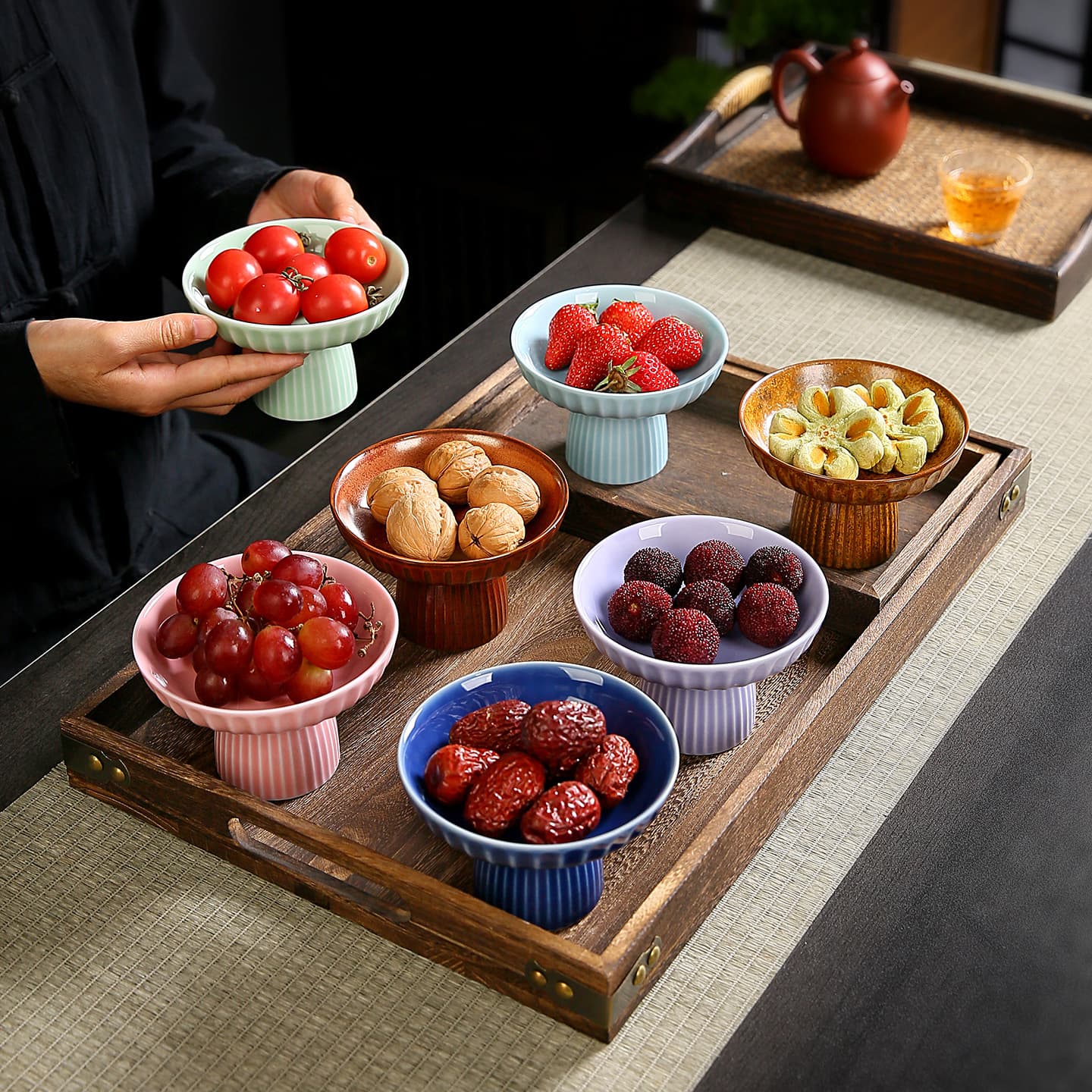 Ceramic Chinese Zen Auspicious Cloud High-Foot Plate Tea Snack Plate Household Fruit Plate Nut Dried Fruit Dessert Pastry Dish Tray