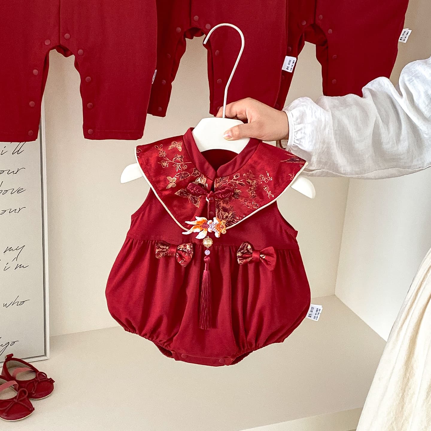 Chinese Red Baby Girl First Birthday Romper National Style Summer Newborn Thin Outfit Birthday Party Wear