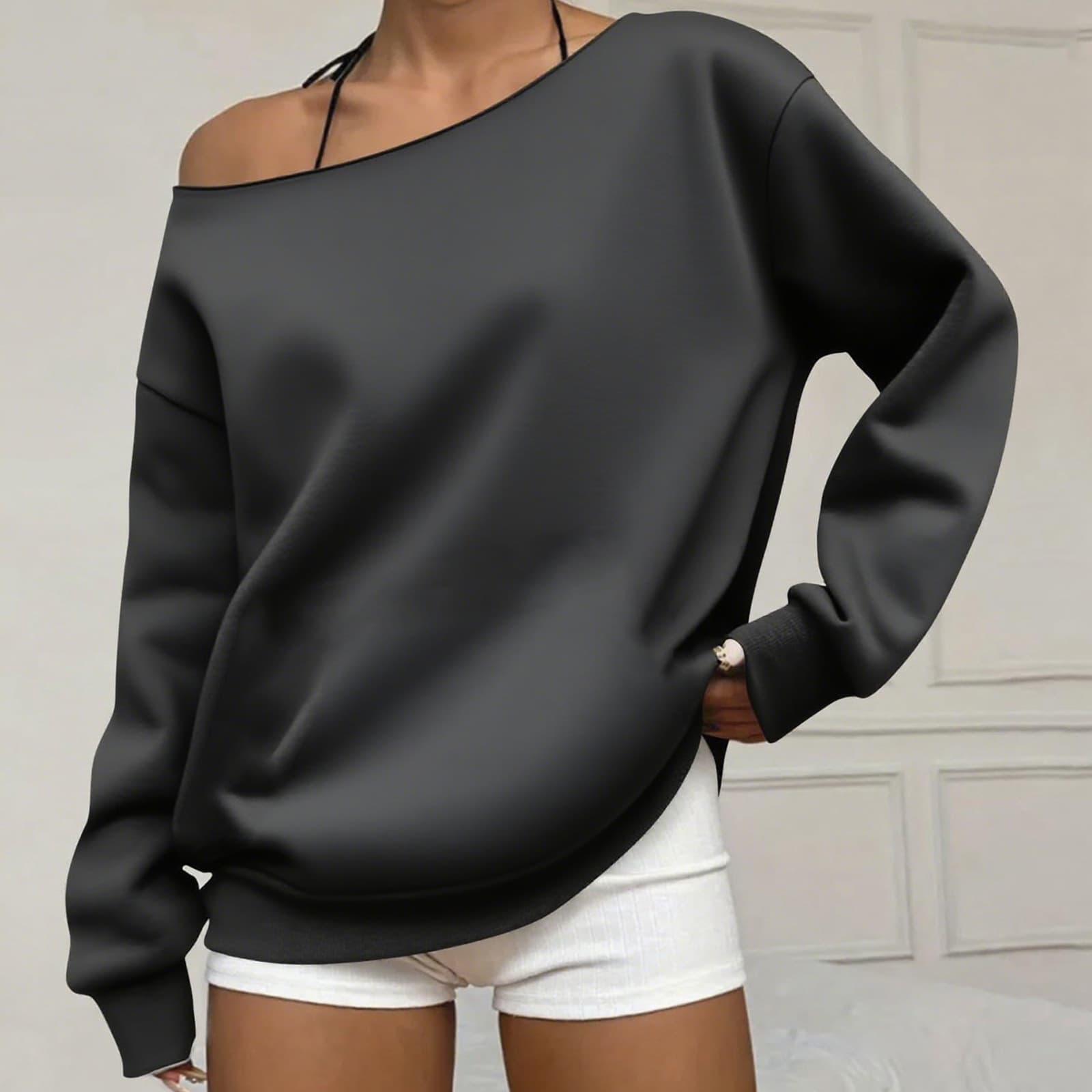 2025 Comfortable Commute Personality Pullover Round Neck One-Shoulder Autumn/Winter Season Style Cross-Border Euro-American Amazon Hoodie