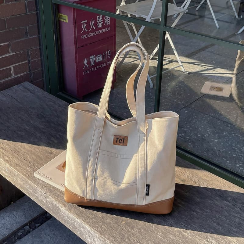 Canvas Handbag A4 Large Capacity Handbag with Zipper Shoulder Shopping Travel Work