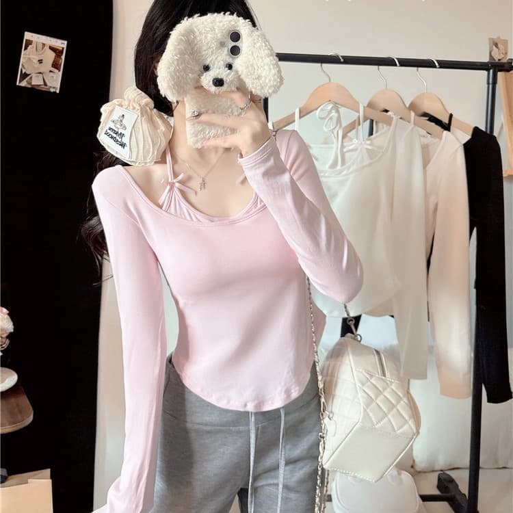 5053# Pure Desire Halter Neck Fake Two-Piece Brushed Long Sleeve T-Shirt Women's Autumn Bow Tie Base Layer Inner Wear Short Top