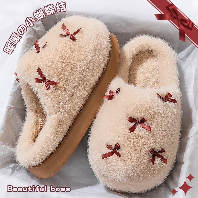 Bow Cotton Slippers for Women 2025 New Autumn and Winter Indoor Home Thickeneded Warm Anti-Slip Plush Cotton Slippers