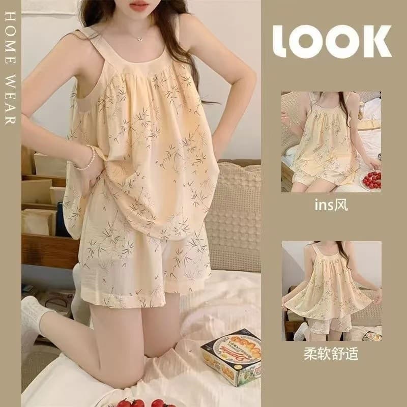 Popular summer women's pajamas, cloud cotton, girls' short-sleeved shorts, loose suspenders, chest pads, home clothes, two-piece suit