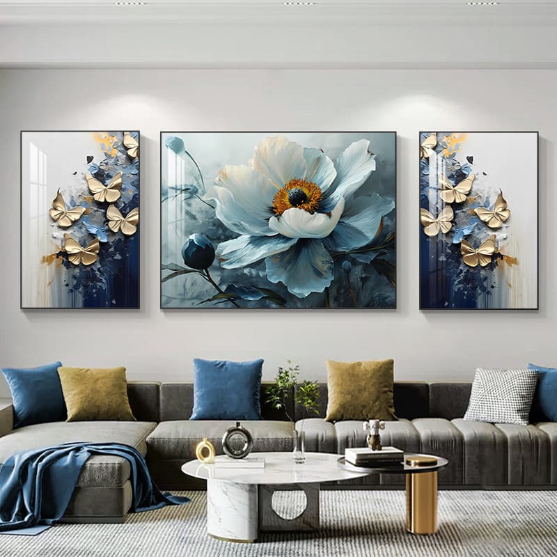 Cream-style living room decorative painting, modern simple floral triptych mural, Nordic light luxury sofa background wall hanging painting